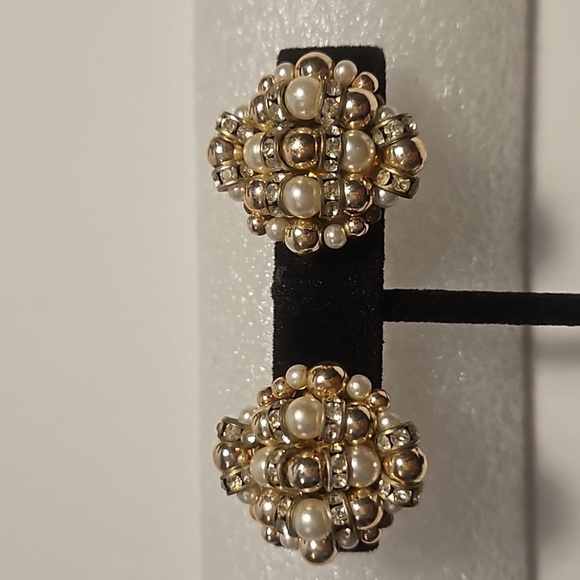 Faux Pearls, Goldtone Beads & Silvertone Rhinestone Rondells Clip-on Earrings - Picture 2 of 7
